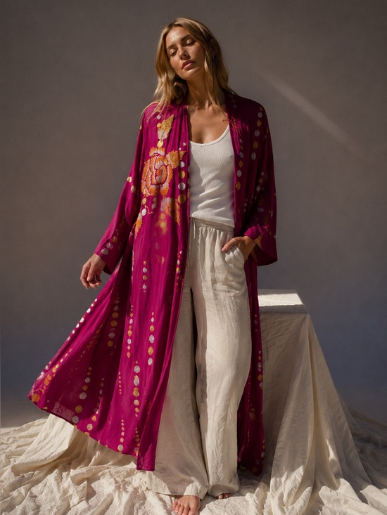 Sun Child Jackets & Blazers - Sun Child Silk Embellished Maxi Kimono Duster | Free Size
